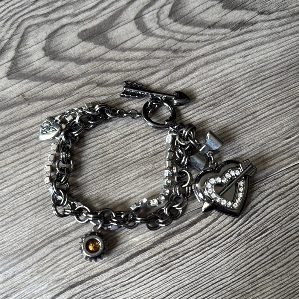 Betsey Johnson Silver-Tone Heart Charm Bracelet with Rhinestones